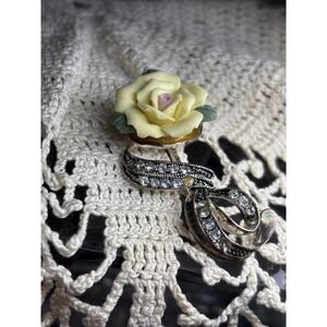 Vintage Avon Yellow Porcelain Rose Flower Rhinestone Brooch Pin